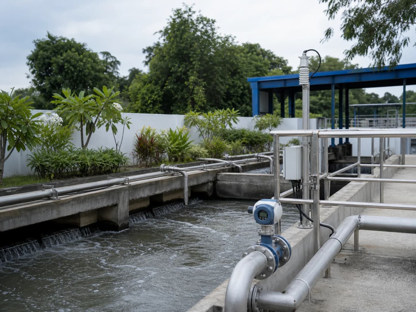 Effluent-treatment channels, process pipework, a flow meter, and monitoring equipment in an environmental operating conditions.