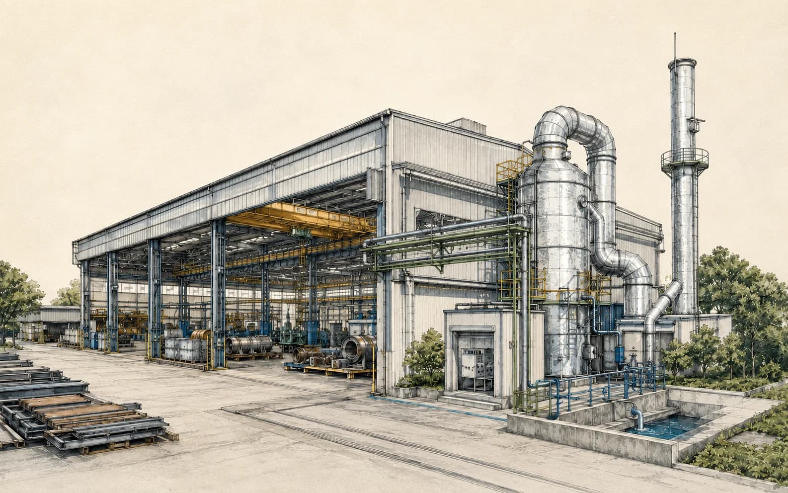 Illustration of a manufacturing facility with environmental infrastructure