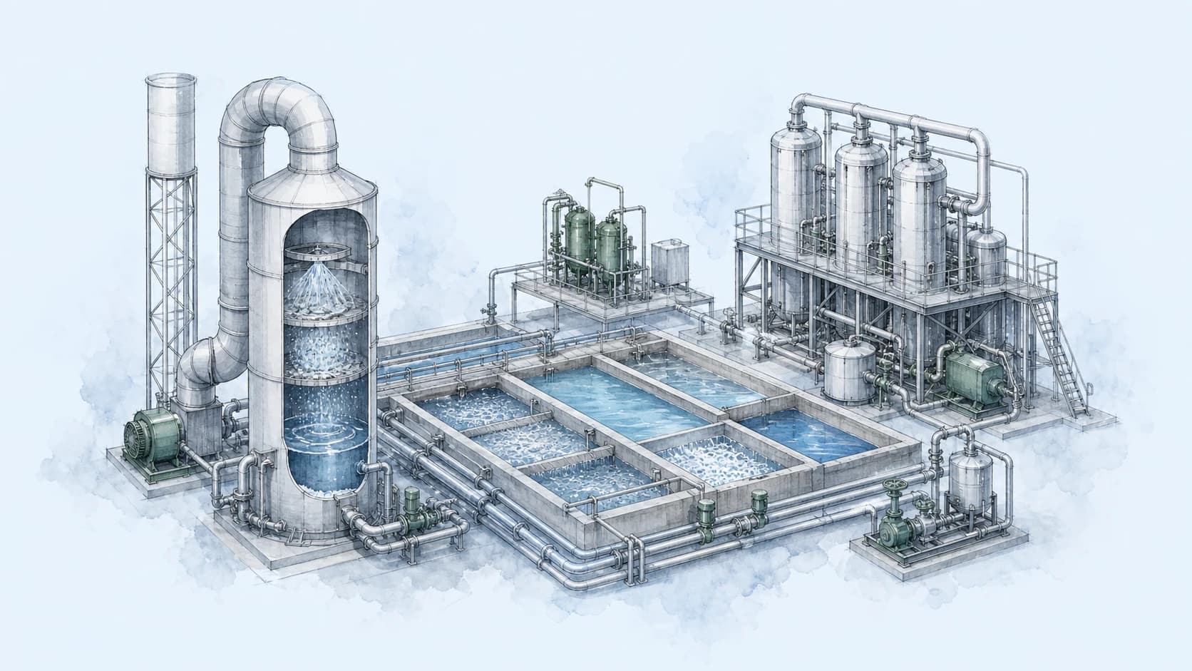 Illustrated integrated environmental treatment yard with a wet scrubber, treatment basins, pipework, and multi-effect evaporation equipment.