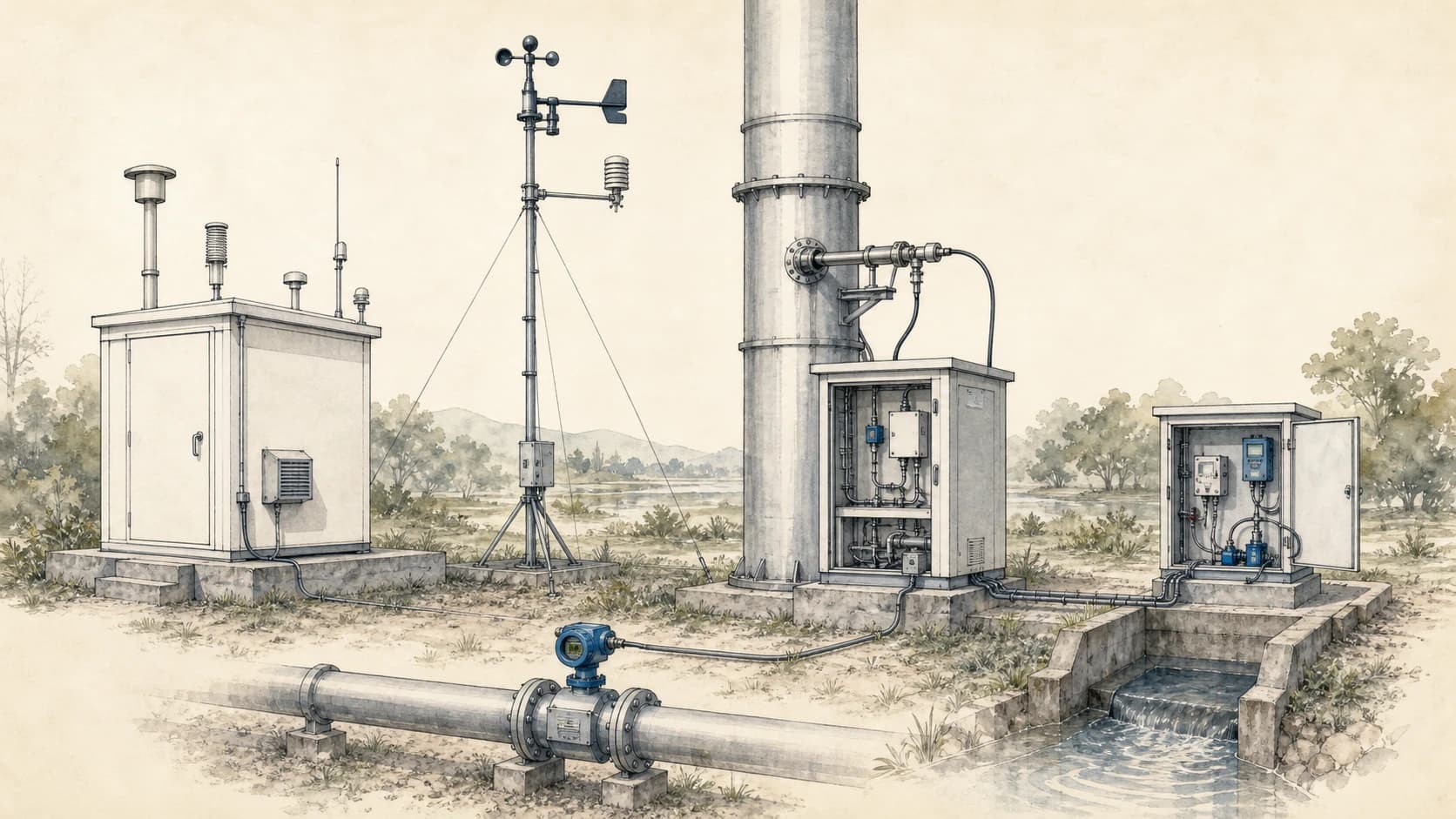 Illustrated industrial monitoring perimeter with an ambient air monitoring shelter, meteorological mast, stack probe, effluent monitoring enclosure, and flow meter.