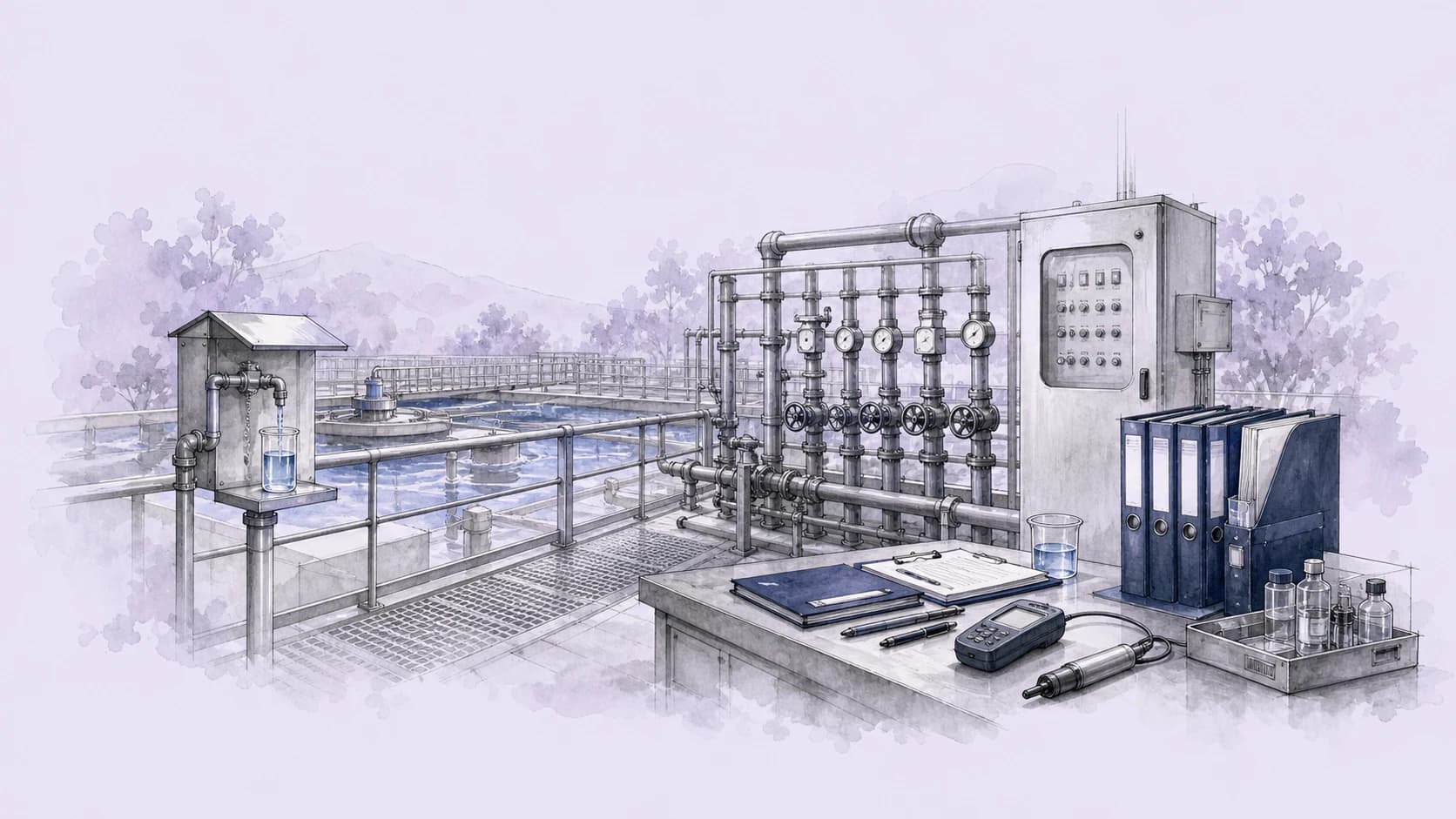 Illustrated treatment plant operating bay with valve manifold, control cabinet, water sampling point, and compliance records.