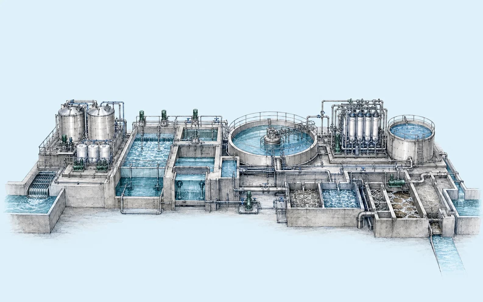 Illustration of an industrial water and wastewater treatment process