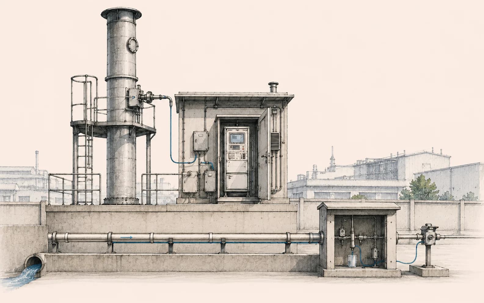 Illustration of continuous stack, emissions, and effluent monitoring equipment