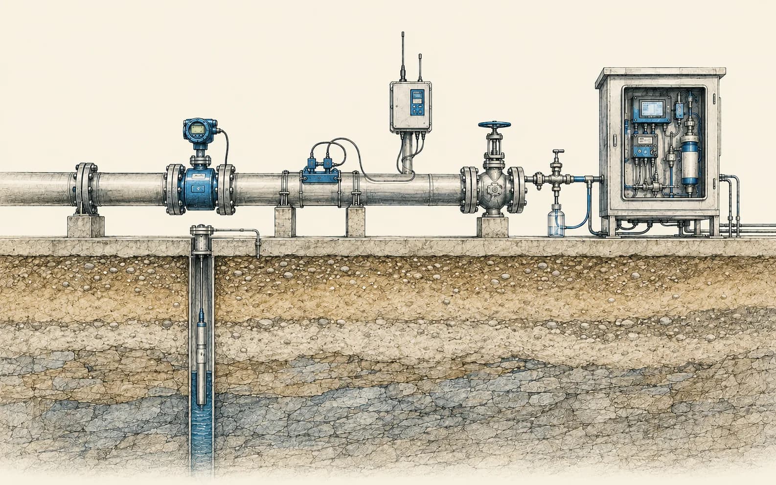 Illustration of water quality, flow, and groundwater instrumentation