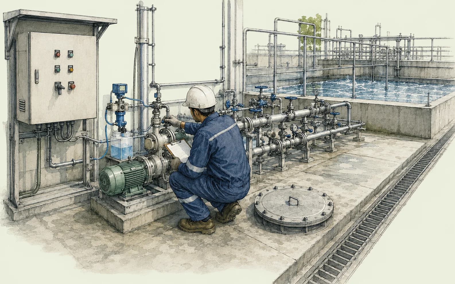 Illustration of environmental plant operation and maintenance work