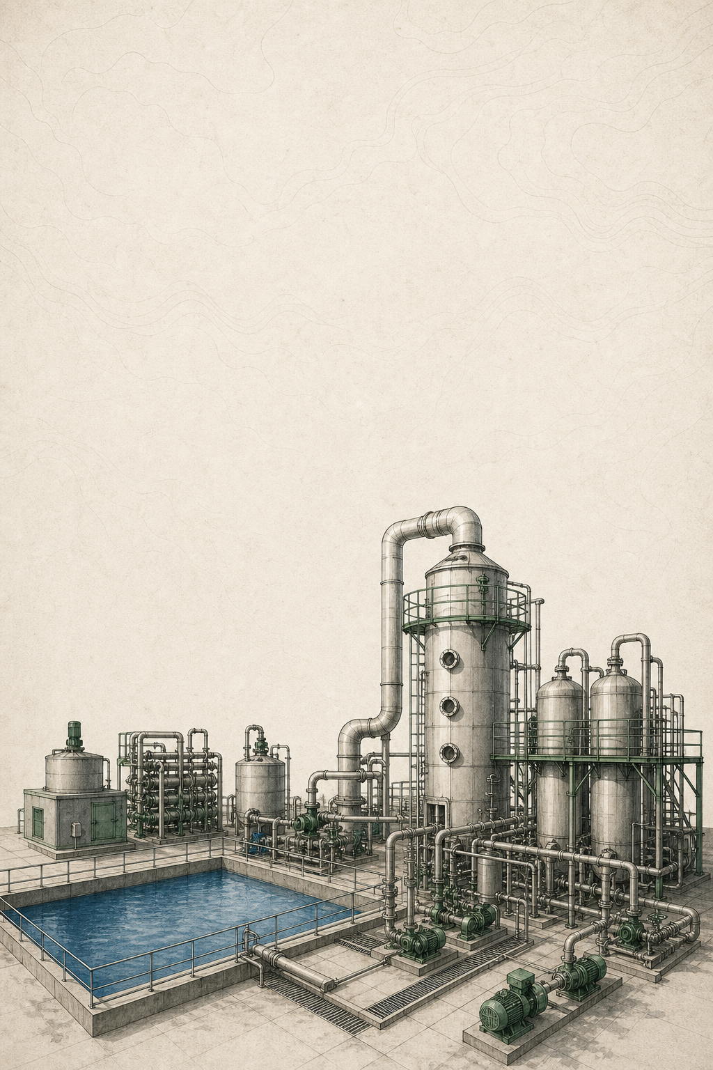 Illustrated industrial environmental-support yard with a wet scrubber, treatment basins, and multi-effect evaporation equipment.
